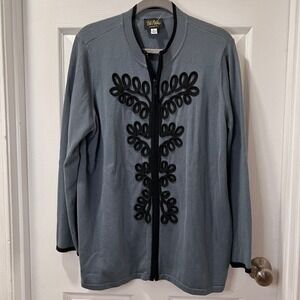 Bob Mackie Wearable Art Gray Cardigan with Black‎ Embroidered Design XL